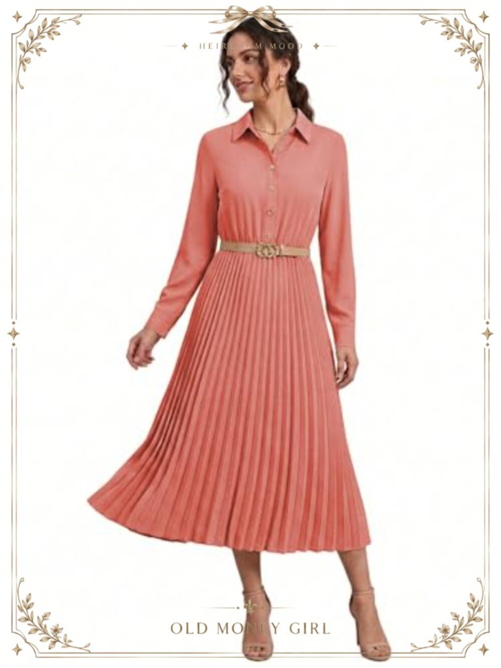 Women's Pleated Midi Shirt Dress Long Sleeve Fit & Flare Work Dress with Belt